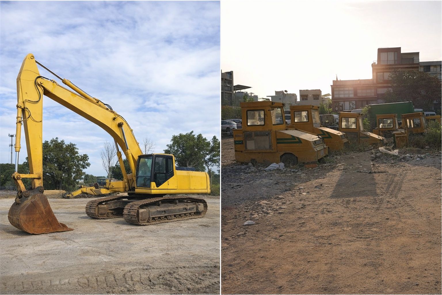 Begagnad gul grävmaskin och mindre anläggningsmaskiner på en grusplan.